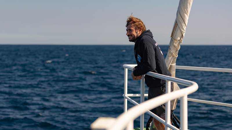 Dr Olaf Meynecke Whale Watching on the Rainbow Warrior in the Perth Canyon. Photo credit: Harriet Spark/ Grumpy Turtle 2023